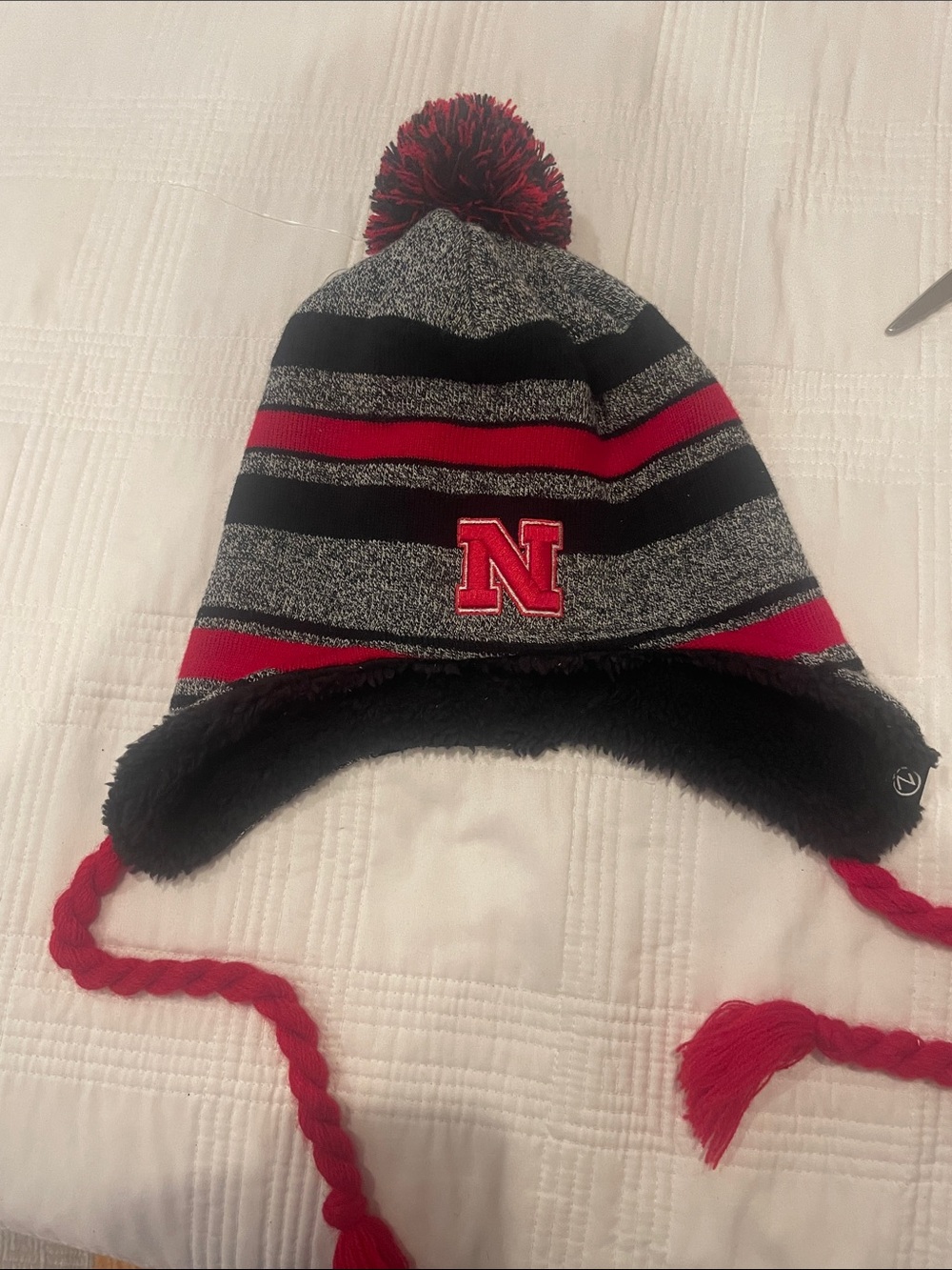 Nebraska Red, Black & Gray small adults Pom-Pom Earflap Hat (OL2)